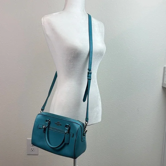 Coach: Rowan Satchel Signature Handbag Teal Viridian leather crossbody like new - Picture 2 of 12